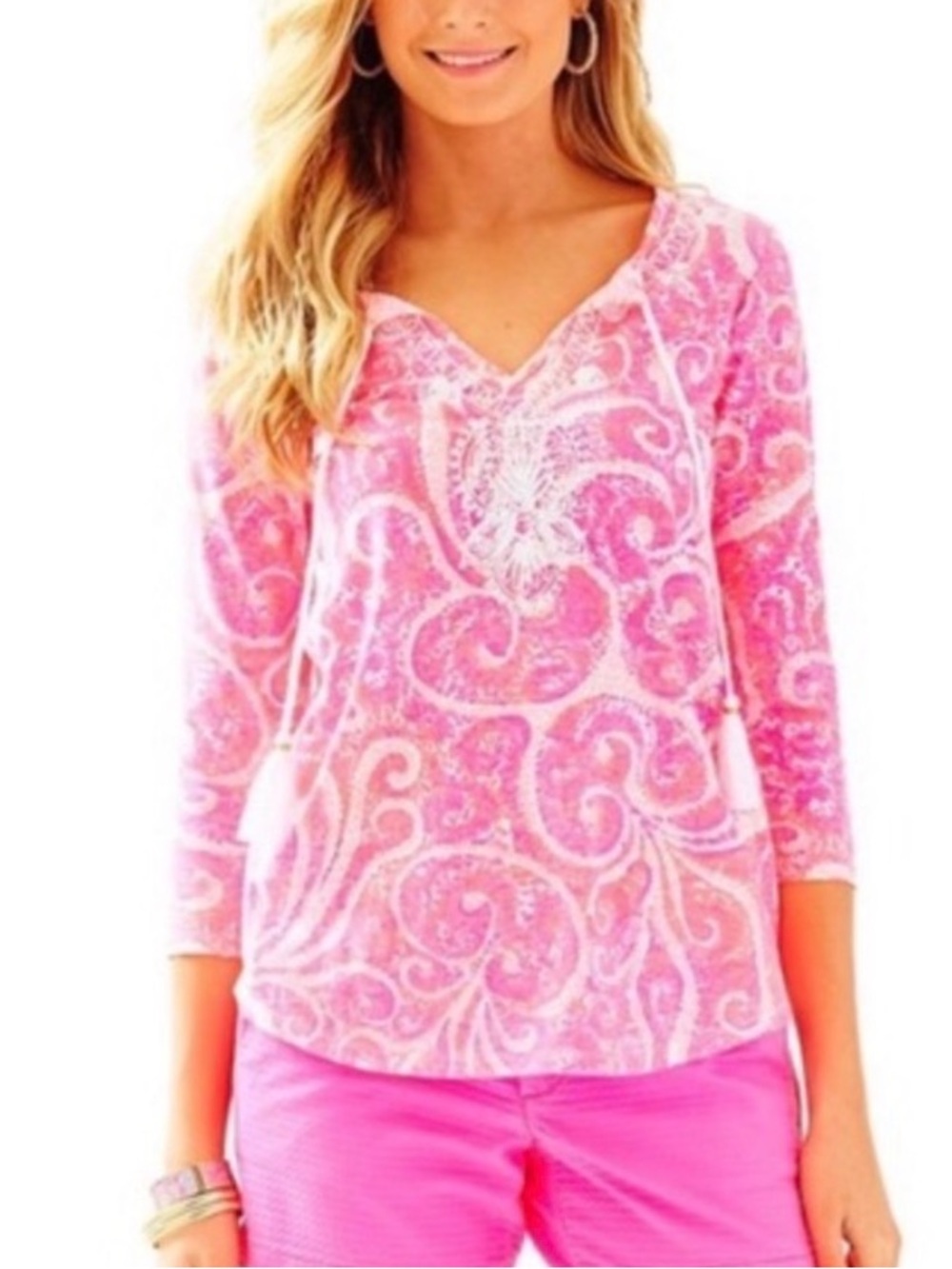 Lilly Pulitzer Holly Paisley Tassel Pink Pout Top Embroidered 100% Cotton
